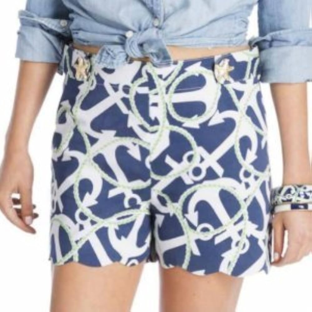 Mud Pie Womens Navy White Anchor Print Scallop Hem Starfish Shorts Large